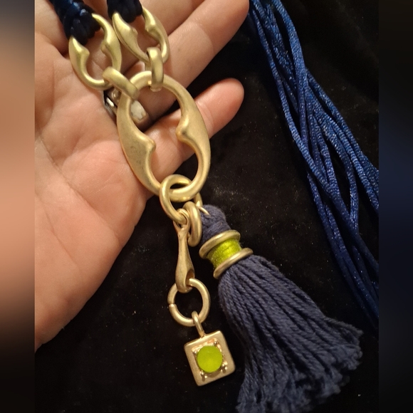 Vintage Gold and Navy Blue Statment  Tassel Necklace chunky accents.38 In Long - Picture 7 of 10